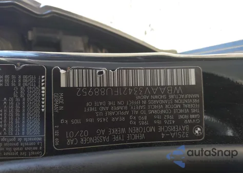 2001 BMW 325I from USA, damaged, VIN WBAAV33421FU88952